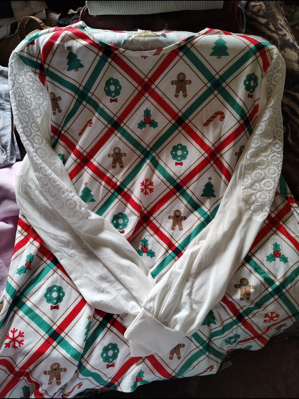 Women's White Christmas Plaid Pajama Top with Holiday Print